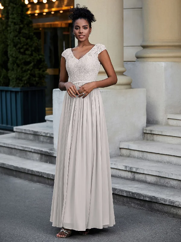 Lace and Chiffon Maxi Dress with Cap Sleeves-Silver Elegant Lace-Up Maxi Dress