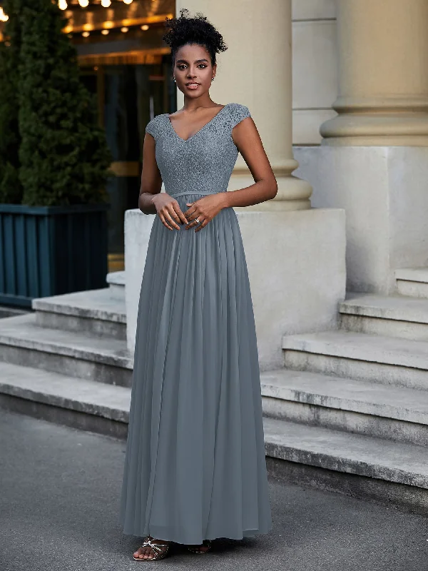 Lace and Chiffon Maxi Dress with Cap Sleeves-Slate Blue Elegant Maxi Dress with Belt Lace and Chiffon Maxi Dress with Cap Sleeves-Slate Blue Elegant Maxi Dress with Belt