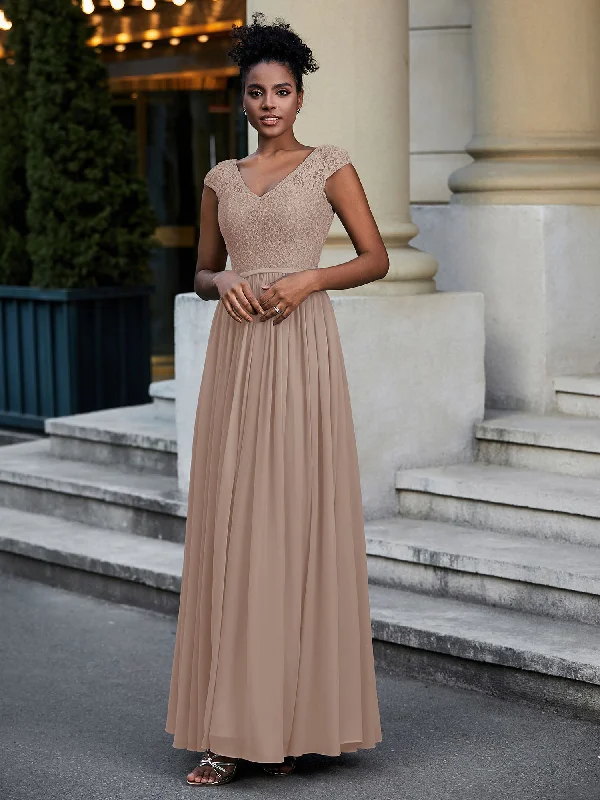 Lace and Chiffon Maxi Dress with Cap Sleeves-Taupe Comfortable Bohemian Maxi Dress