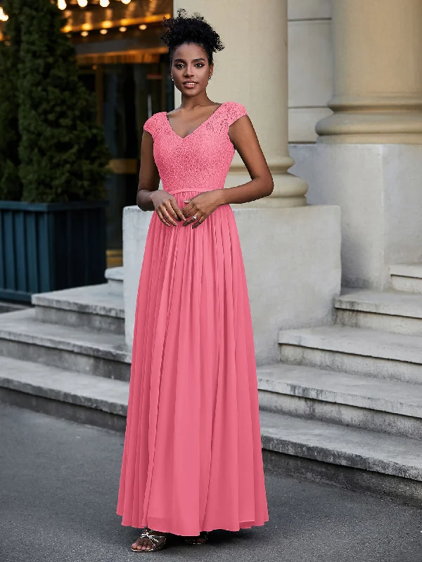 Lace and Chiffon Maxi Dress with Cap Sleeves-Watermelon Cozy Ribbed Maxi Dress