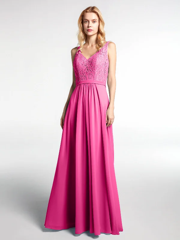 Lace Bodice Chiffon Skirt Maxi Dress with V-neck-Azalea Fashionable Maxi Dress with Fringe
