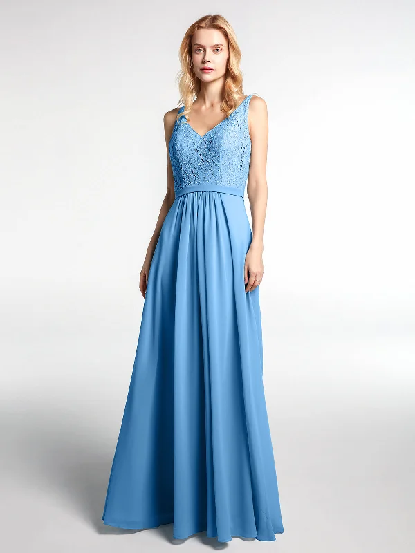 Lace Bodice Chiffon Skirt Maxi Dress with V-neck-Blue Cozy Longline Maxi Dress
