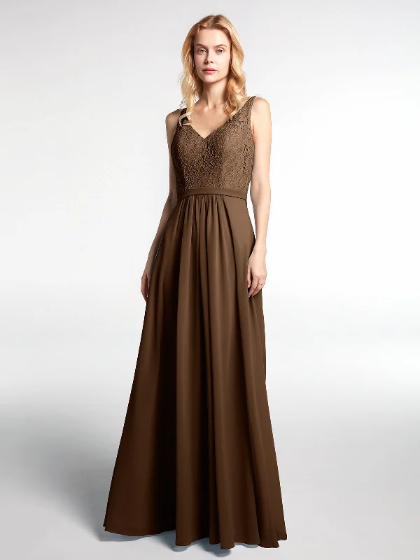 Lace Bodice Chiffon Skirt Maxi Dress with V-neck-Brown Fashionable Sheer Maxi Dress