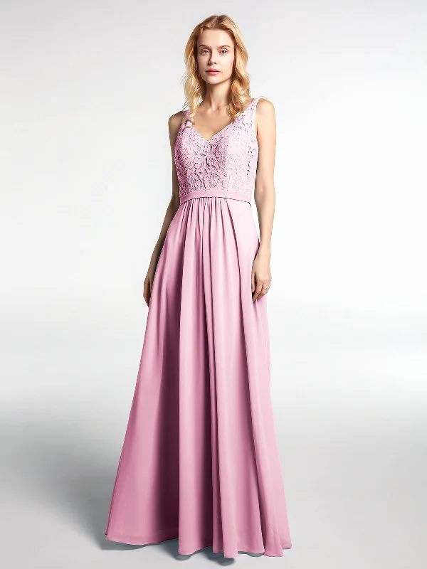 Lace Bodice Chiffon Skirt Maxi Dress with V-neck-Candy Pink Fashionable Button-Down Maxi Dress Lace Bodice Chiffon Skirt Maxi Dress with V-neck-Candy Pink Fashionable Button-Down Maxi Dress