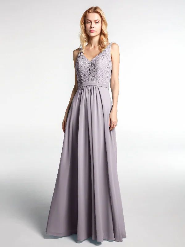 Lace Bodice Chiffon Skirt Maxi Dress with V-neck-Dusk Classic V-Neck Maxi Dress