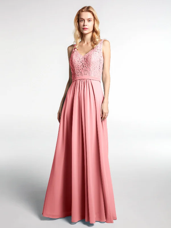 Lace Bodice Chiffon Skirt Maxi Dress with V-neck-Flamingo Chic Button-Up Maxi Dress