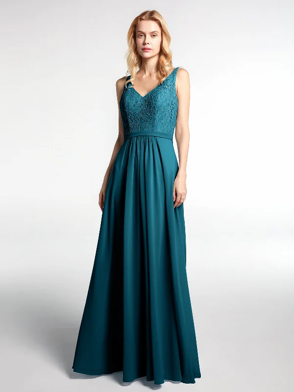 Lace Bodice Chiffon Skirt Maxi Dress with V-neck-Ink Blue Stylish Boho Maxi Dress