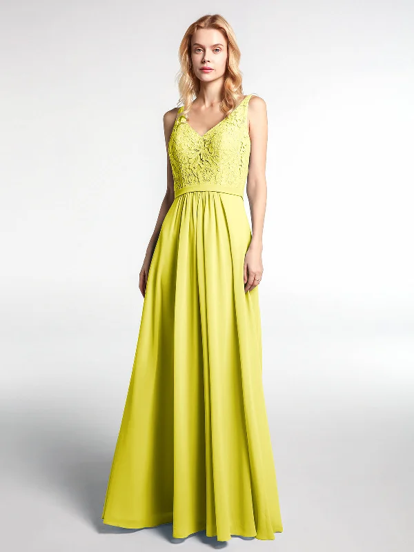 Lace Bodice Chiffon Skirt Maxi Dress with V-neck-Lemon Elegant Maxi Dress with Belt