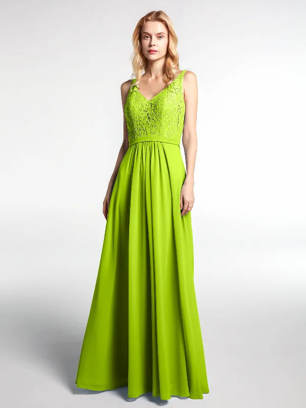 Lace Bodice Chiffon Skirt Maxi Dress with V-neck-Lime Green Cozy Wrap Maxi Dress