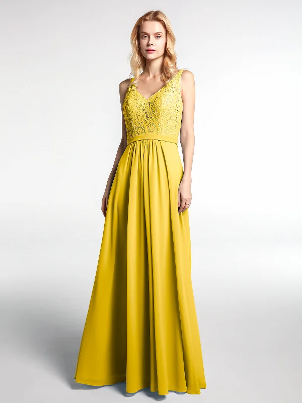Lace Bodice Chiffon Skirt Maxi Dress with V-neck-Marigold Comfortable Bohemian Maxi Dress Lace Bodice Chiffon Skirt Maxi Dress with V-neck-Marigold Comfortable Bohemian Maxi Dress