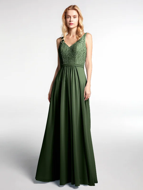 Lace Bodice Chiffon Skirt Maxi Dress with V-neck-Olive Green Classic Solid Maxi Dress Lace Bodice Chiffon Skirt Maxi Dress with V-neck-Olive Green Classic Solid Maxi Dress