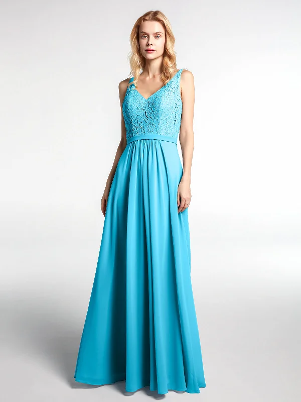 Lace Bodice Chiffon Skirt Maxi Dress with V-neck-Pool Stylish Long Sleeve Maxi Dress Lace Bodice Chiffon Skirt Maxi Dress with V-neck-Pool Stylish Long Sleeve Maxi Dress