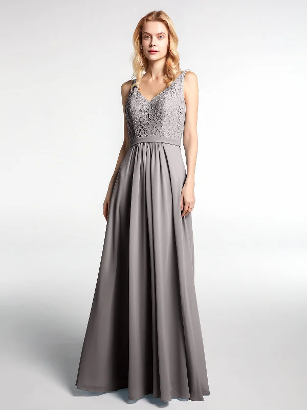 Lace Bodice Chiffon Skirt Maxi Dress with V-neck-Silver Stylish A-Line Maxi Dress