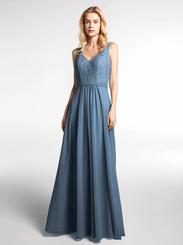 Lace Bodice Chiffon Skirt Maxi Dress with V-neck-Slate Blue Trendy Off-Shoulder Ruffle Maxi Dress Lace Bodice Chiffon Skirt Maxi Dress with V-neck-Slate Blue Trendy Off-Shoulder Ruffle Maxi Dress