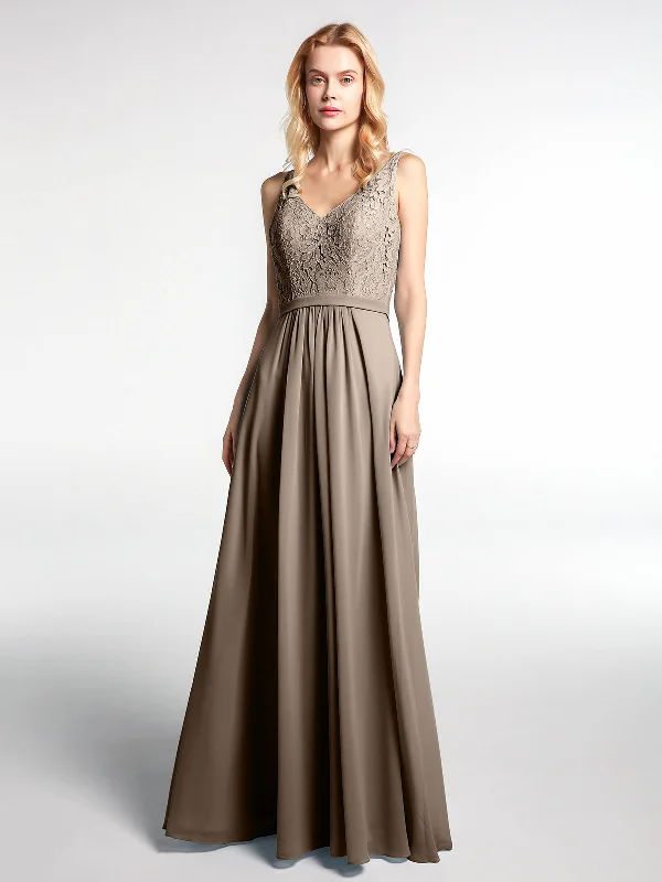 Lace Bodice Chiffon Skirt Maxi Dress with V-neck-Taupe Elegant Maxi Dress with Ruffles Lace Bodice Chiffon Skirt Maxi Dress with V-neck-Taupe Elegant Maxi Dress with Ruffles