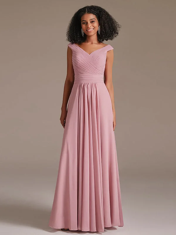 Off Shoulder Pleated Chiffon Bridesmaid Maxi Dress Casual Maxi Dress with Pockets