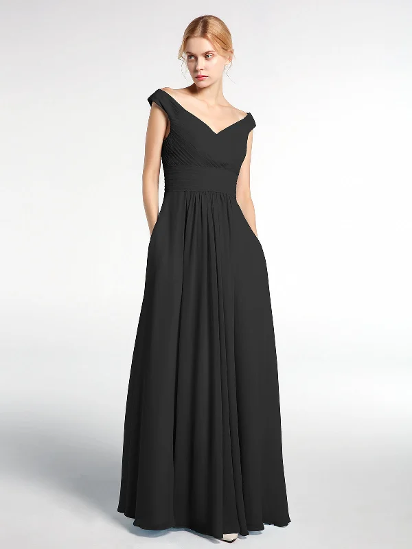 Off shoulder V-neck Maxi Dress with Pockets-Black Classic Tulle Maxi Dress