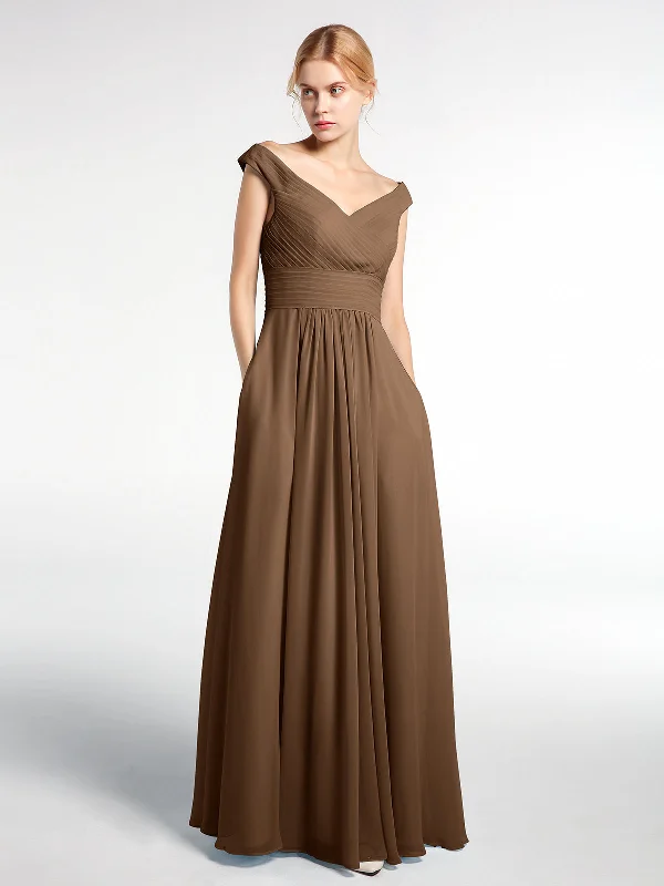 Off shoulder V-neck Maxi Dress with Pockets-Brown Comfortable T-Shirt Maxi Dress