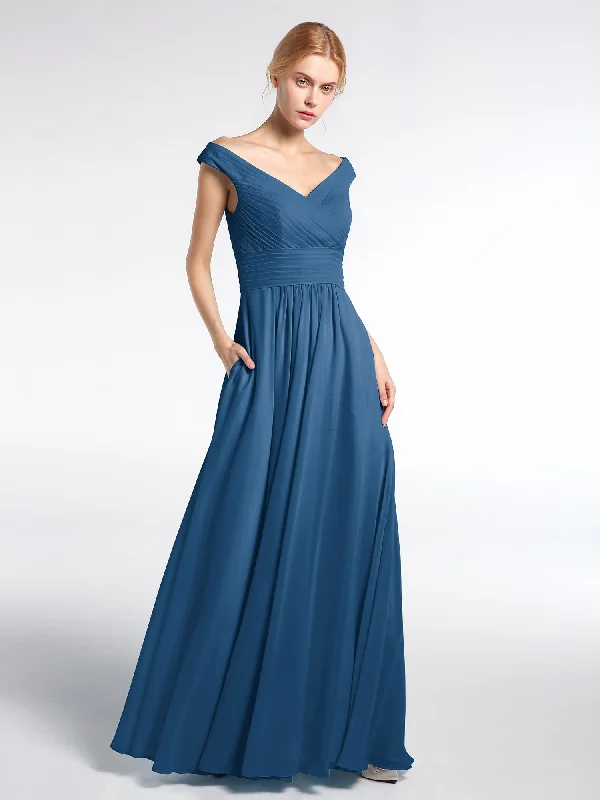 Off shoulder V-neck Maxi Dress with Pockets-Ink Blue Cozy Cold-Shoulder Maxi Dress