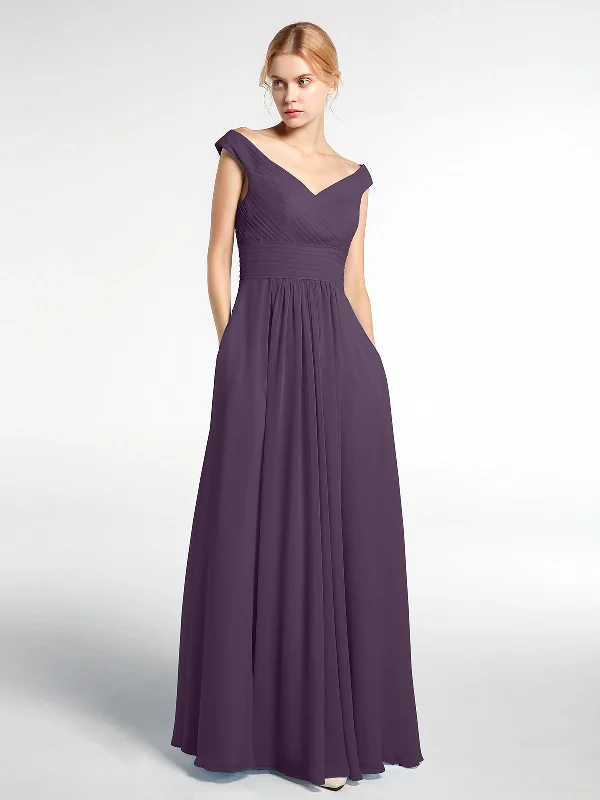 Off shoulder V-neck Maxi Dress with Pockets-Plum Trendy Satin Maxi Dress