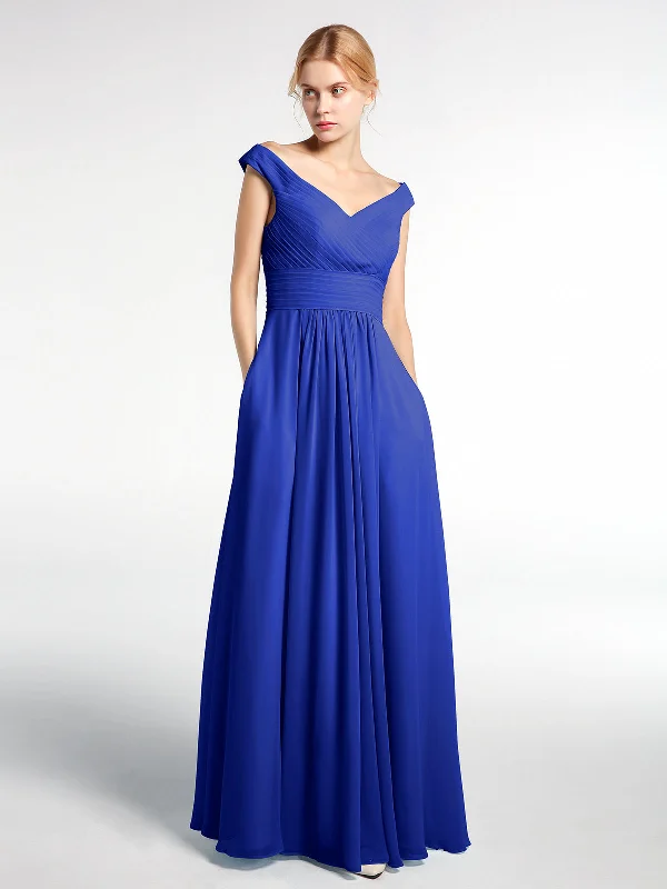 Off shoulder V-neck Maxi Dress with Pockets-Royal Blue Chic Summer Maxi Dress