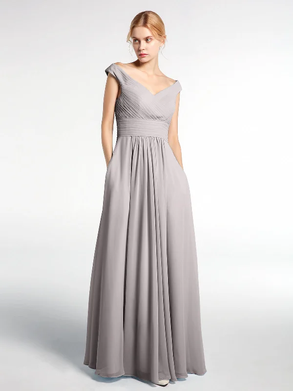 Off shoulder V-neck Maxi Dress with Pockets-Silver Comfortable Pleated Maxi Dress
