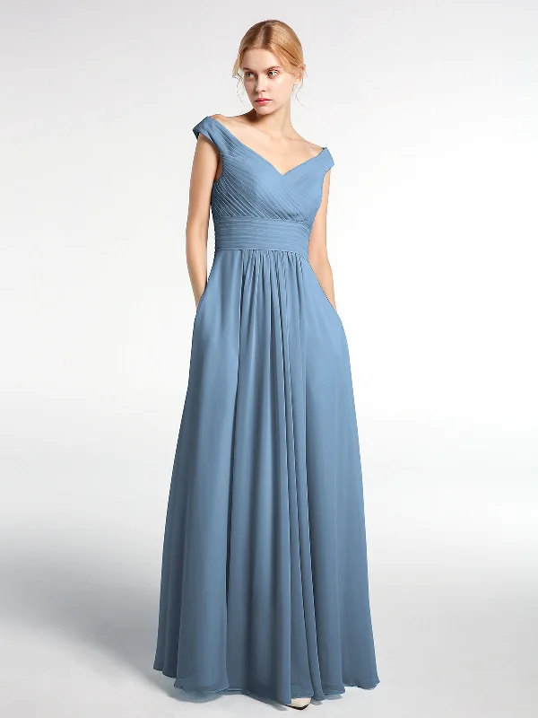 Off shoulder V-neck Maxi Dress with Pockets-Slate Blue Elegant Tiered Maxi Dress