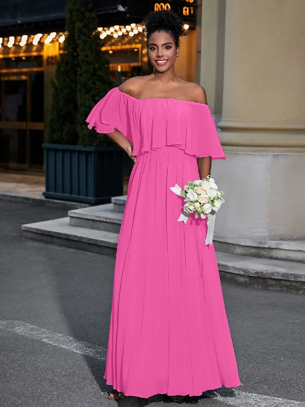 Off the Shoulder Ruffles Chiffon Maxi Dress-Azalea Casual Maxi Dress with Pockets