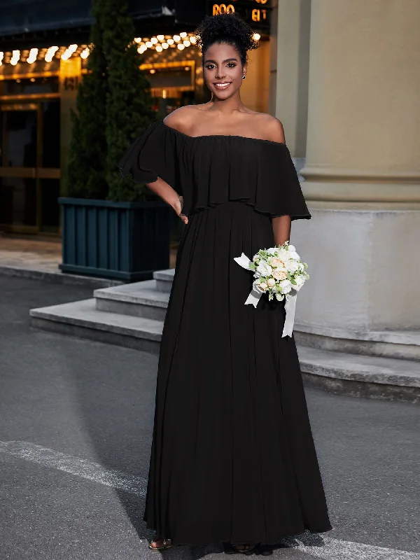 Off the Shoulder Ruffles Chiffon Maxi Dress-Black Fashionable Sleeveless Maxi Dress