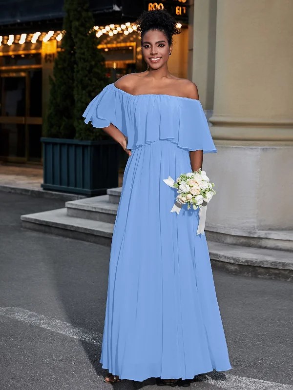 Off the Shoulder Ruffles Chiffon Maxi Dress-Blue Chic Boho Print Maxi Dress