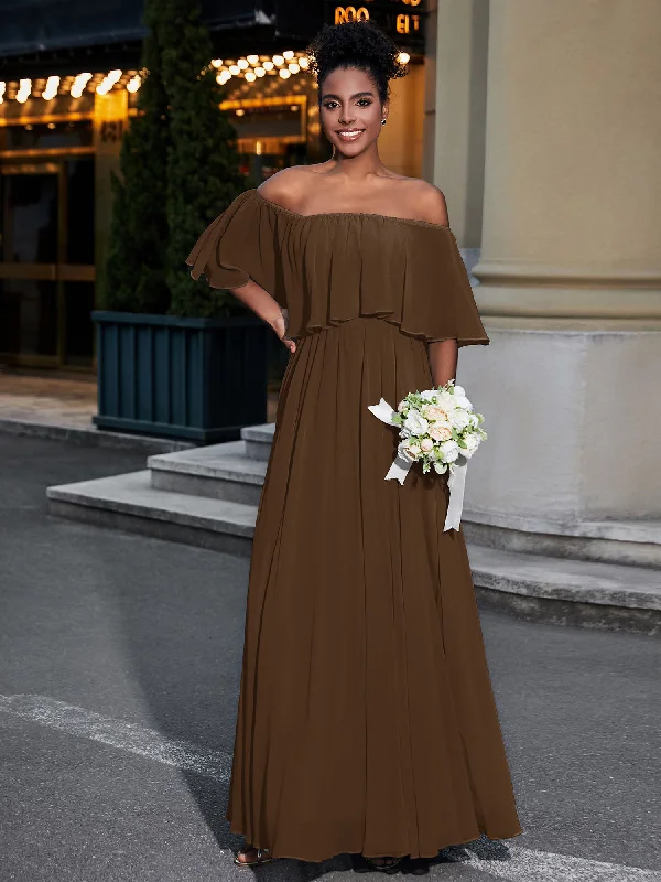 Off the Shoulder Ruffles Chiffon Maxi Dress-Brown Stylish Longline Maxi Dress