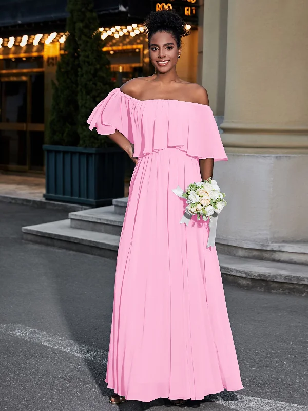 Off the Shoulder Ruffles Chiffon Maxi Dress-Candy Pink Stylish Off-Shoulder Maxi Dress Off the Shoulder Ruffles Chiffon Maxi Dress-Candy Pink Stylish Off-Shoulder Maxi Dress