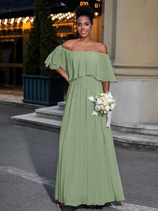 Off the Shoulder Ruffles Chiffon Maxi Dress-Dusty Sage Stylish Pleated A-Line Maxi Dress Off the Shoulder Ruffles Chiffon Maxi Dress-Dusty Sage Stylish Pleated A-Line Maxi Dress