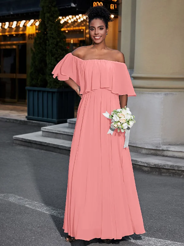 Off the Shoulder Ruffles Chiffon Maxi Dress-Flamingo Trendy Maxi Dress with Bow