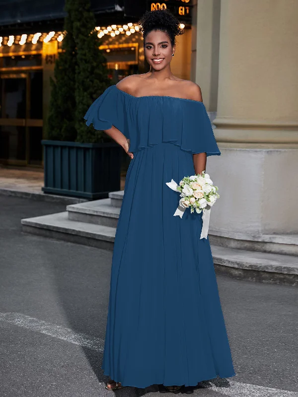 Off the Shoulder Ruffles Chiffon Maxi Dress-Ink Blue Chic Summer Maxi Dress