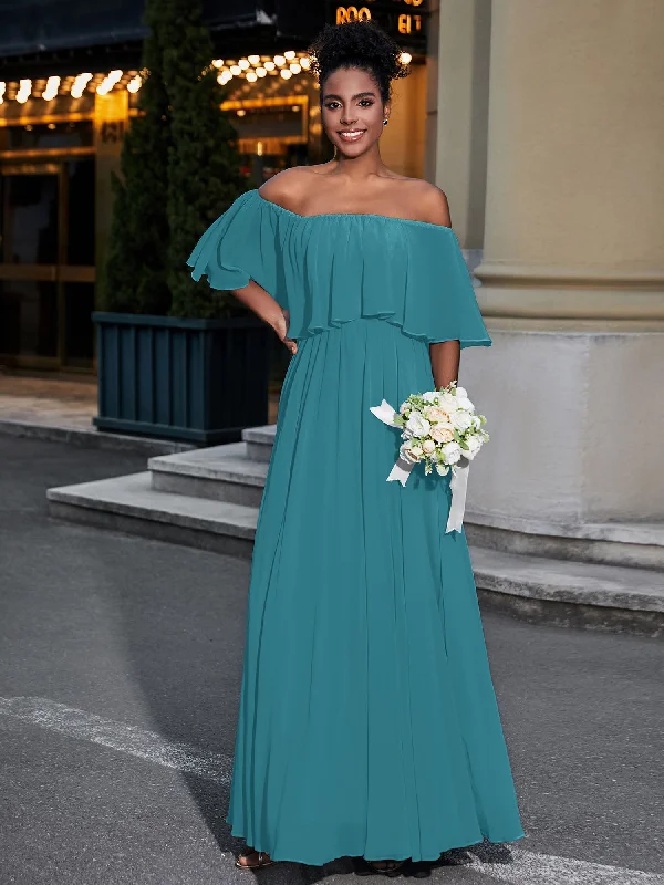 Off the Shoulder Ruffles Chiffon Maxi Dress-Jade Elegant Pleated Maxi Dress