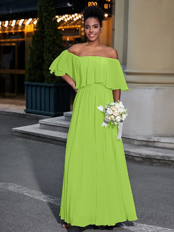 Off the Shoulder Ruffles Chiffon Maxi Dress-Lime Green Elegant Sleeveless Maxi Dress Off the Shoulder Ruffles Chiffon Maxi Dress-Lime Green Elegant Sleeveless Maxi Dress