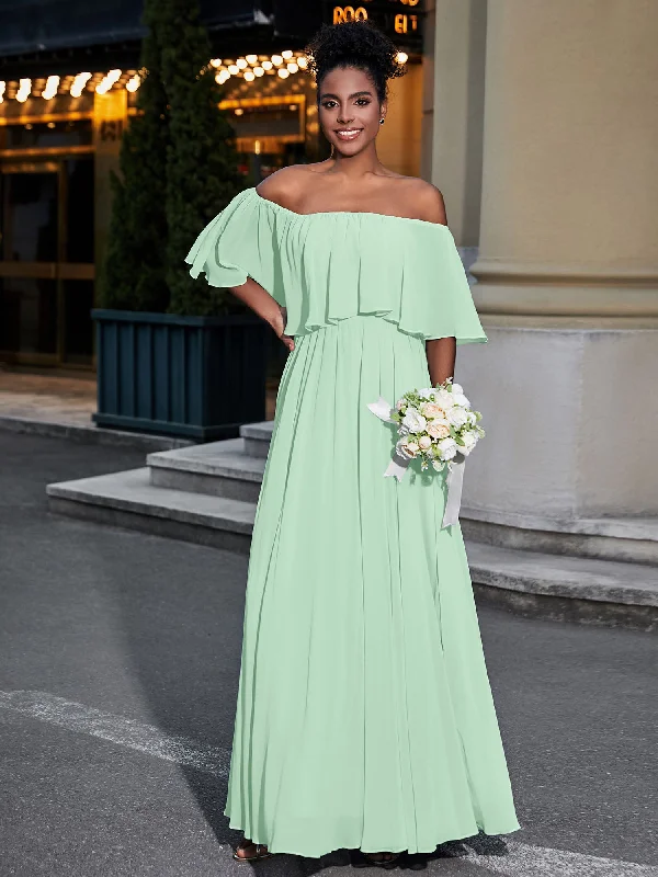 Off the Shoulder Ruffles Chiffon Maxi Dress-Mint Green Elegant Pleated Maxi Dress