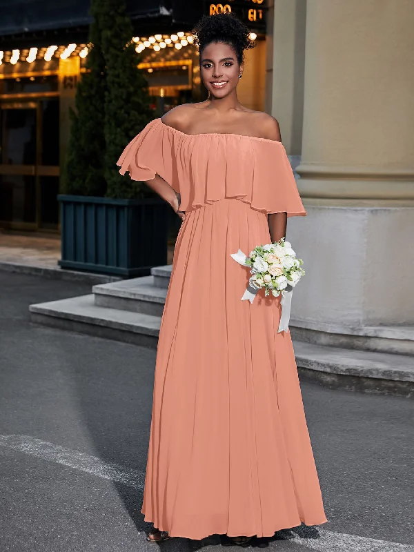 Off the Shoulder Ruffles Chiffon Maxi Dress-Papaya Elegant Maxi Dress with Slit