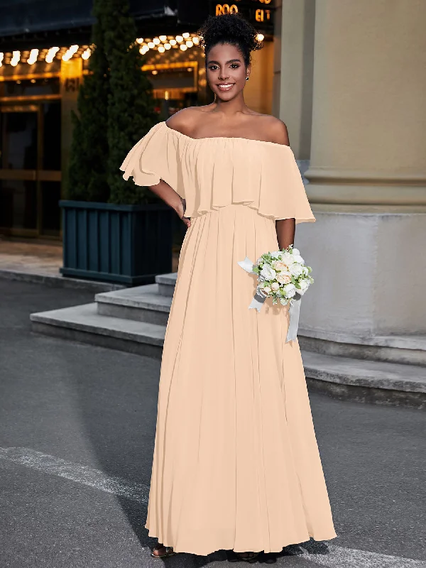 Off the Shoulder Ruffles Chiffon Maxi Dress-Peach Cozy Spaghetti Strap Maxi Dress