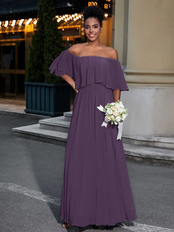 Off the Shoulder Ruffles Chiffon Maxi Dress-Plum Comfortable Plunging Neckline Maxi Dress Off the Shoulder Ruffles Chiffon Maxi Dress-Plum Comfortable Plunging Neckline Maxi Dress