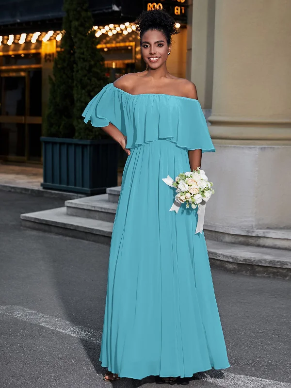 Off the Shoulder Ruffles Chiffon Maxi Dress-Pool Stylish Empire Waist Maxi Dress