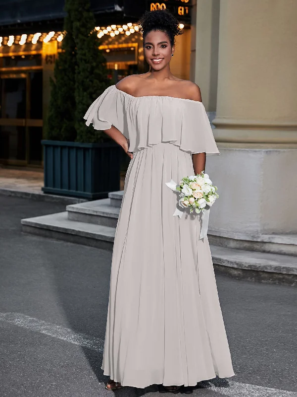 Off the Shoulder Ruffles Chiffon Maxi Dress-Silver Elegant Maxi Dress with Belt