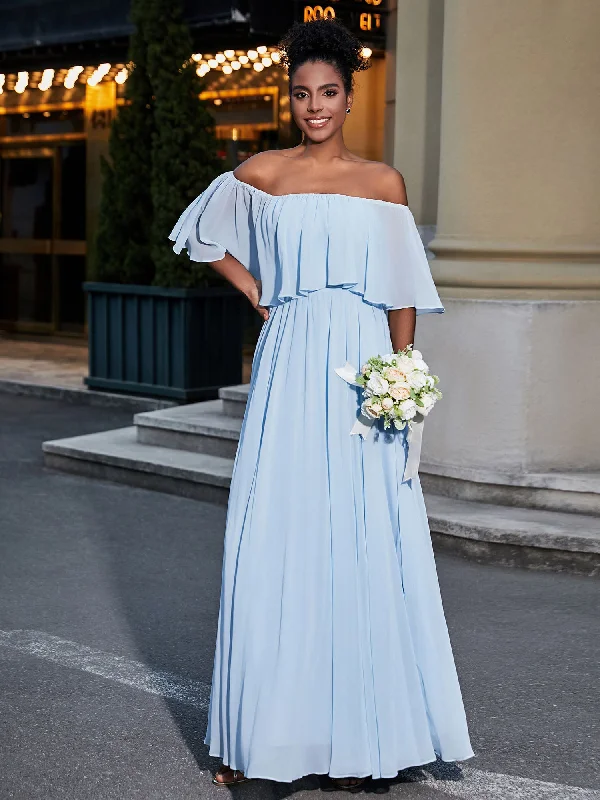 Off the Shoulder Ruffles Chiffon Maxi Dress-Sky Blue Comfortable Maxi Dress with Belt