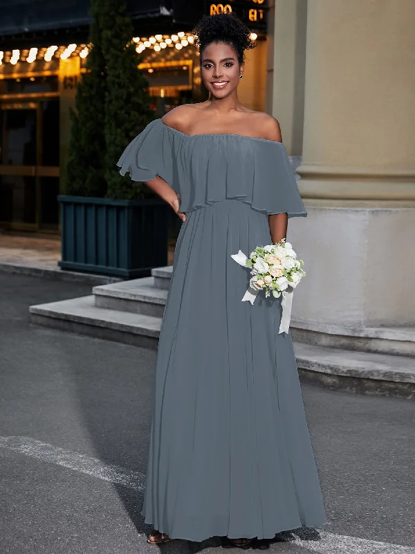 Off the Shoulder Ruffles Chiffon Maxi Dress-Slate Blue Elegant Maxi Dress with Drapes