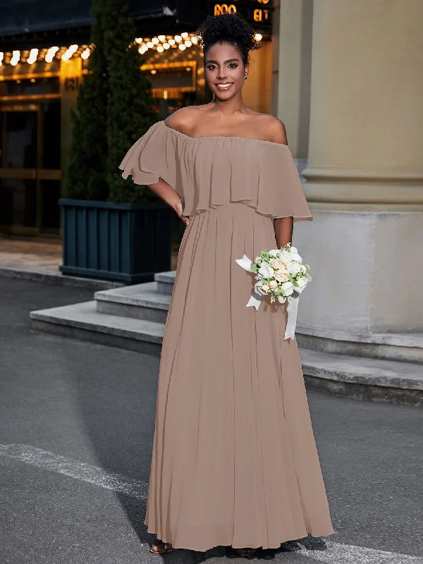 Off the Shoulder Ruffles Chiffon Maxi Dress-Taupe Elegant Lace Maxi Dress