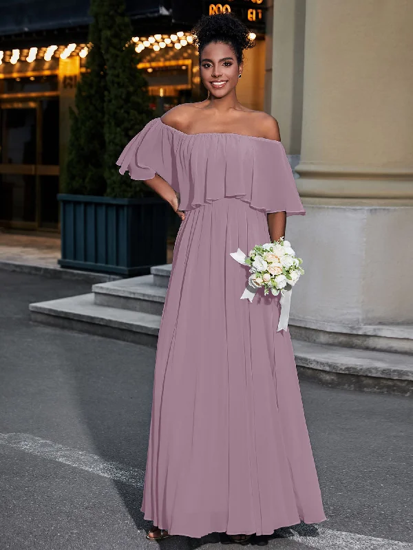 Off the Shoulder Ruffles Chiffon Maxi Dress-Vintage Mauve Fashionable Faux Wrap Maxi Dress Off the Shoulder Ruffles Chiffon Maxi Dress-Vintage Mauve Fashionable Faux Wrap Maxi Dress
