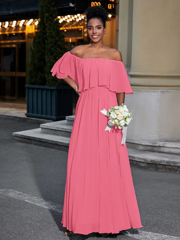 Off the Shoulder Ruffles Chiffon Maxi Dress-Watermelon Cozy Longline Maxi Dress