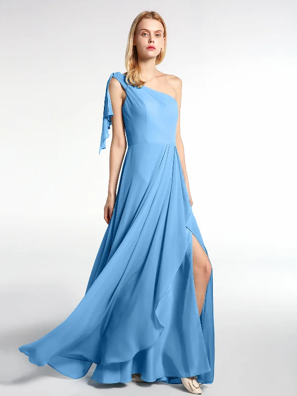 One Shoulder Chiffon Maxi Dress with Cascade-Blue Trendy Satin Maxi Dress