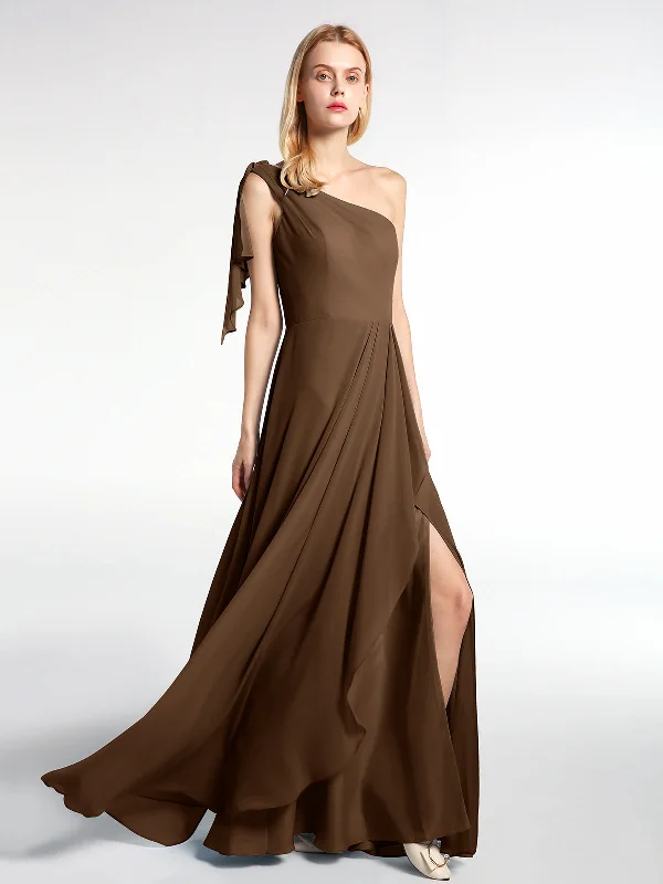 One Shoulder Chiffon Maxi Dress with Cascade-Brown Elegant Maxi Dress with Lace